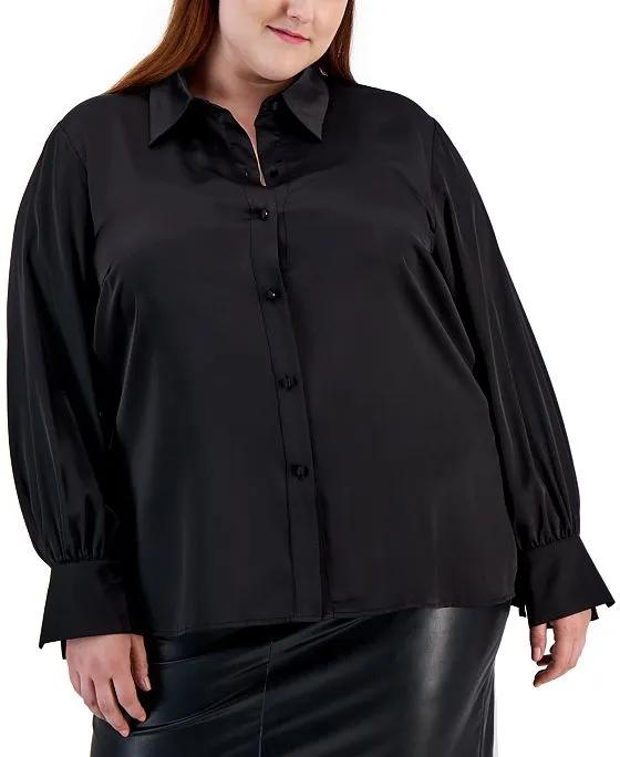 Plus Size Satin Long-Sleeve Button-Front Shirt, Created for Macy's