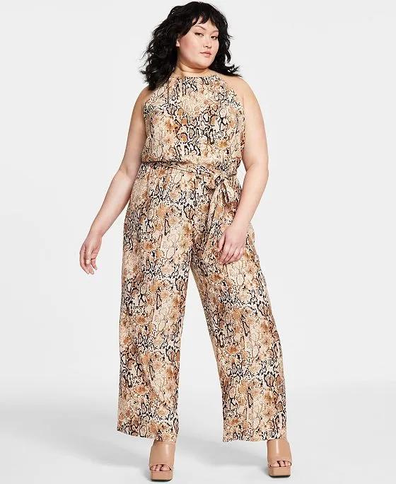 Plus Size Sleeveless Snake-Print Jumpsuit, Created for Macy's