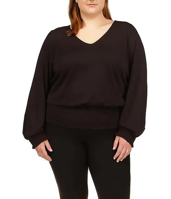Plus Size Solid Long Sleeve Smocked Top