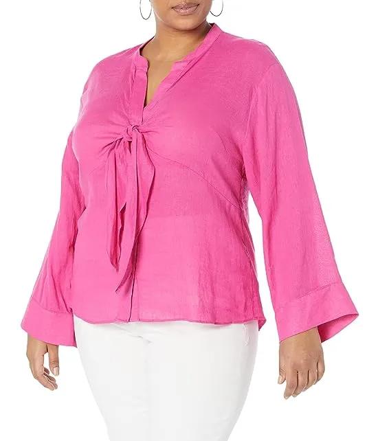 Plus Size Solid Long Sleeve Tie Blouse