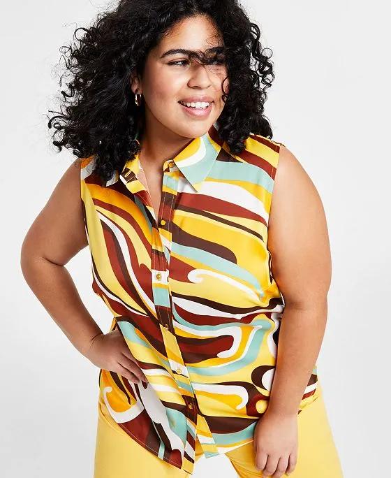 Plus Size Swirl-Printed Sleeveless Button-Front Top, Created for Macy's