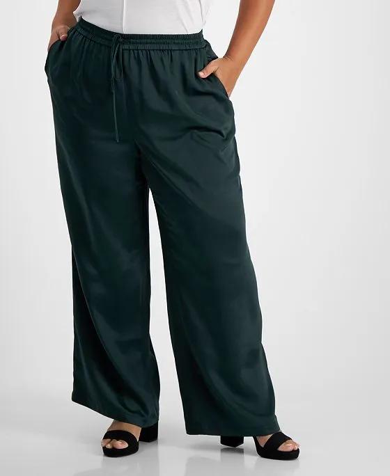 Plus Size Washed Satin Pull-On Wide-Leg Pants, Created for Macy's