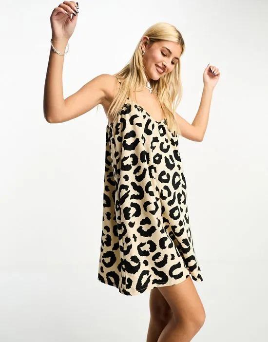 poplin cami smock dress in leopard print