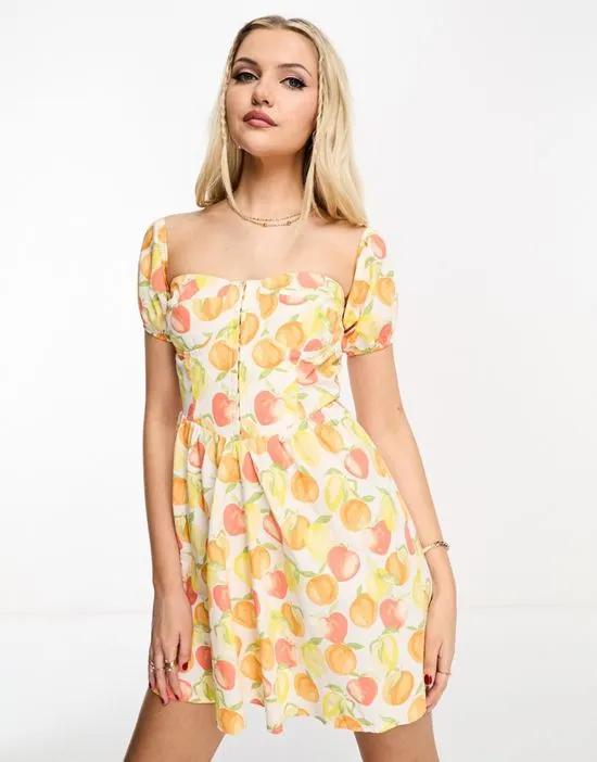 poplin corset puff sleeve mini dress in citrus fruit print