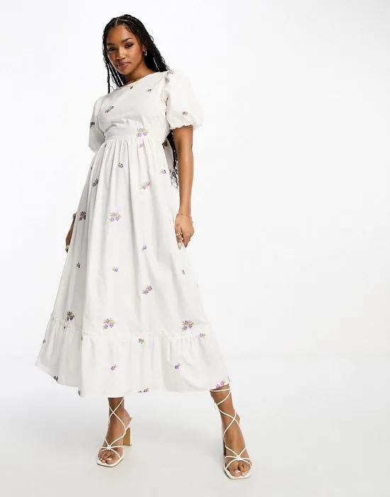 poplin embroidered tiered bow back maxi dress in ivory