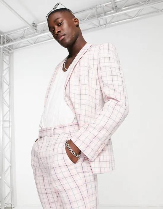 power shoulder suit jacket in pink plaid with adjustable waist