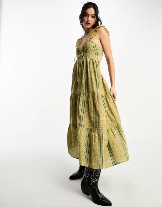 prairie midi dress in blurred green and brown stripe