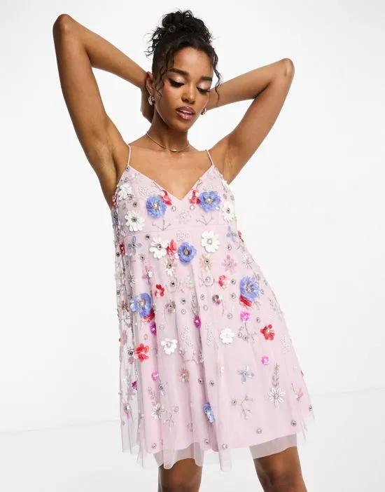 Premium embellished color pop floral mini dress