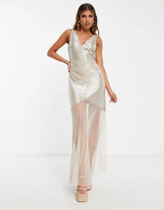 Premium embellished sheer bottom maxi dress in blush - BEIGE
