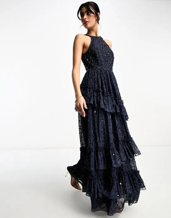 Premium embellished tiered maxi dress with ruffle detail in navy