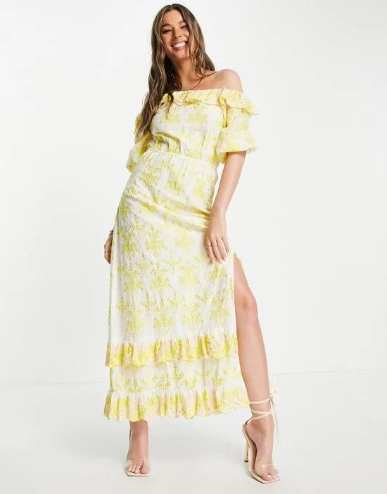 Premium embroidered bardot maxi dress with frill detail in yellow