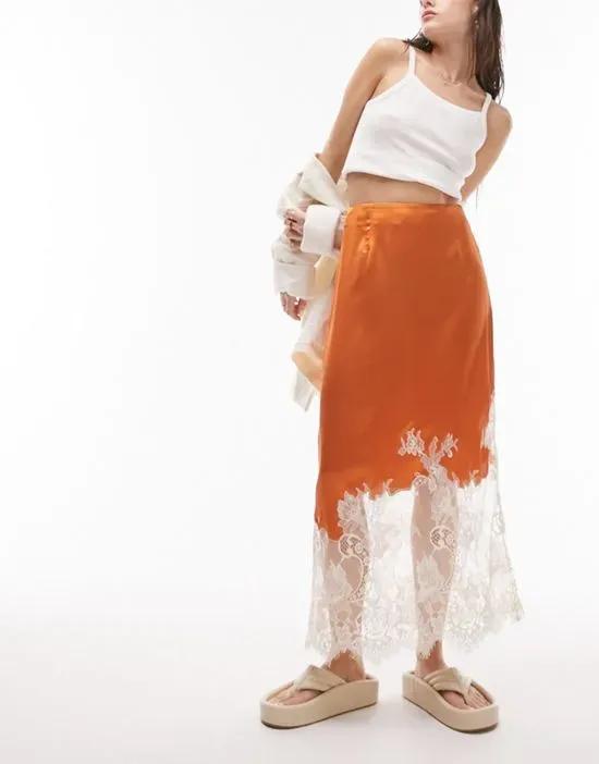 premium lace insert midi skirt in rust