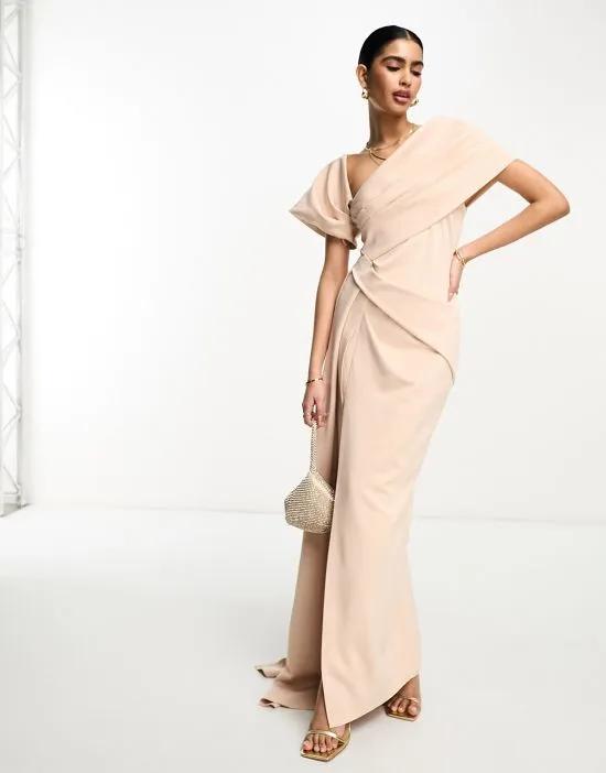 premium one-shoulder draped maxi dress in blush cream