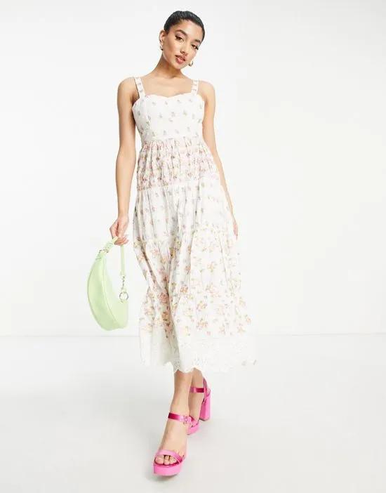 Premium tiered midaxi dress in ivory with floral embroidery