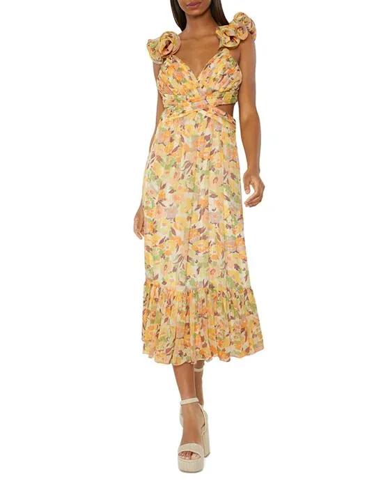 Pria Metallic Floral Print Cutout Midi Dress