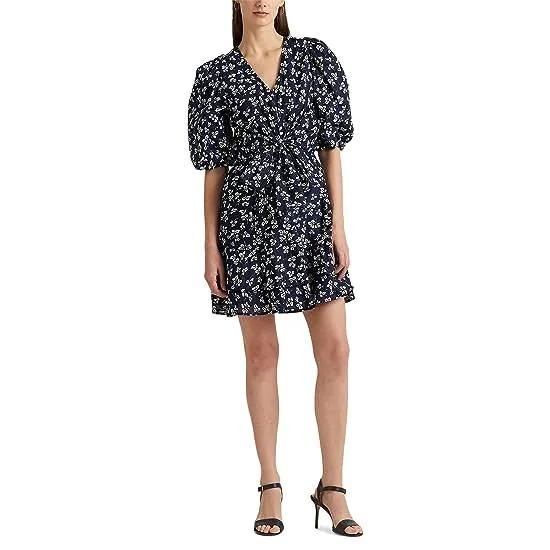 Print Front Tie Cotton Puff-Sleeve Dress