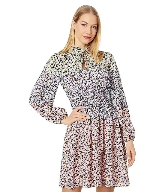 Printed CDC Ruffle Tie Neck Balloon Sleeve Smock Waist Fit-and-Flare