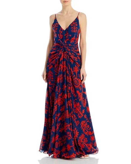 Printed Chiffon Tie Back Gown