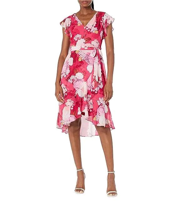 Printed Floral Chiffon Side Wrap Dress with Cascade Ruffle