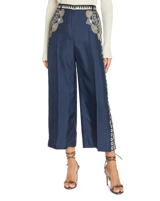 Printed High Rise Cropped Silk Pants
