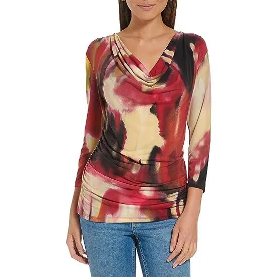 Printed Long Sleeve Cowl Front