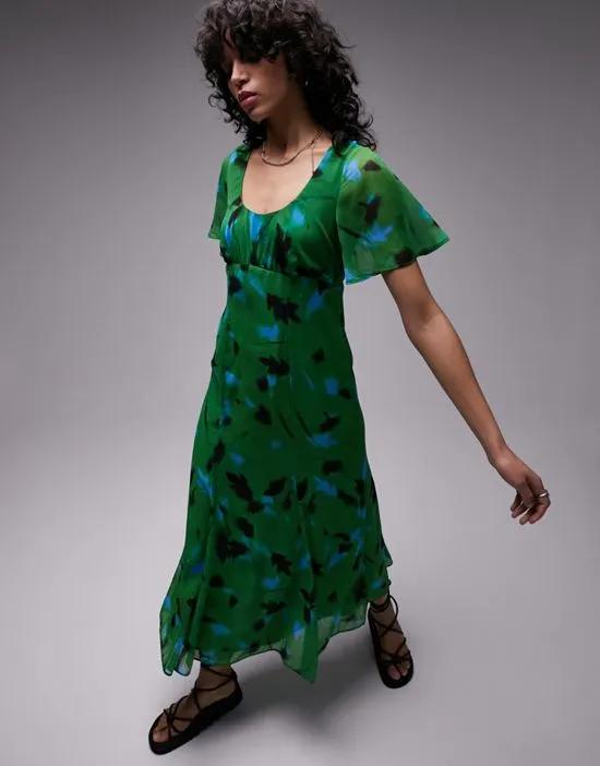 printed midi tea dress in green and blue floral