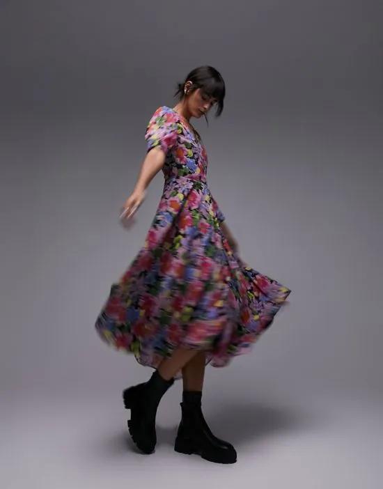 printed midi wrap occasion dress in bright floral