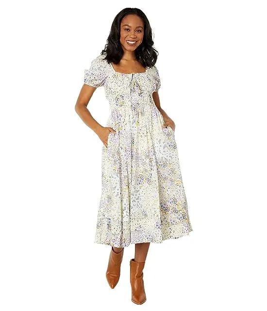 Printed Puff Short Sleeve Ruched Seamed Bodice Midi Dress