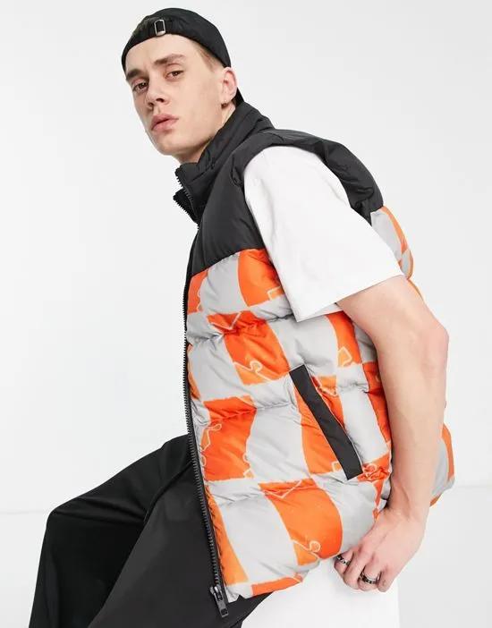 printed puffer vest with funnel neck with contrast black yoke in multi