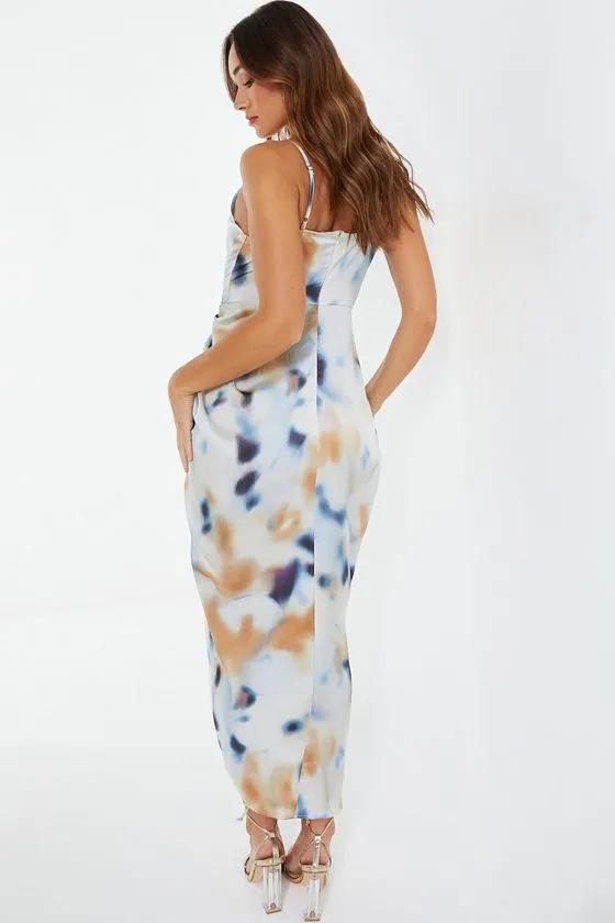 Printed Ruched Cowl Neck Midi Dress