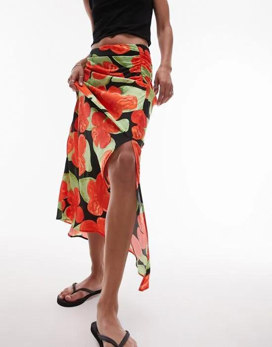 printed side split maxi skirt in red