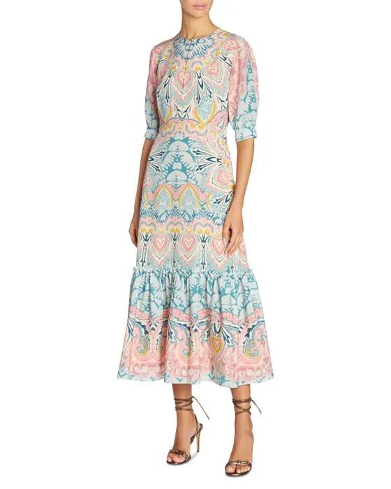 Printed Silk Tiered Midi Dress