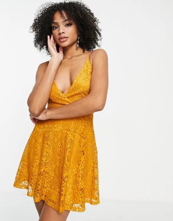 prom mini dress with lace up back in mustard lace