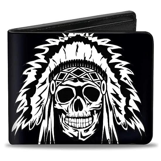 PU Bifold Wallet - Native American Skull Black/White