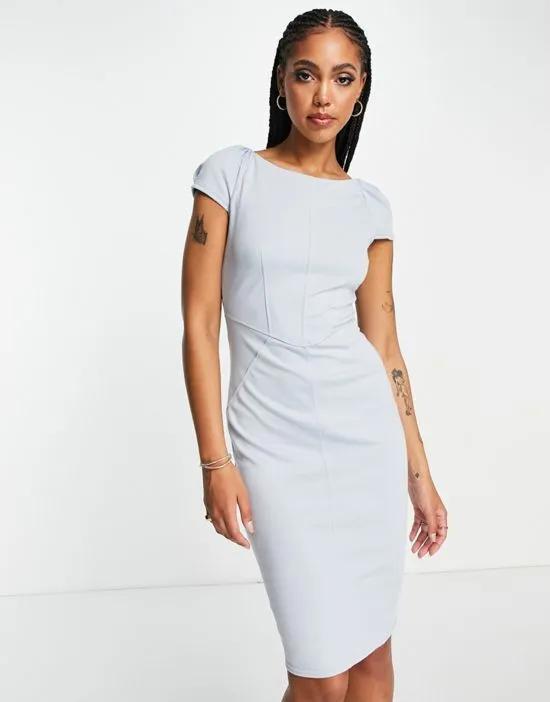 puff shoulder pencil dress with bodice detail in sky blue