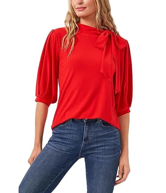 Puff Sleeve Crepe Knit Top with Bow