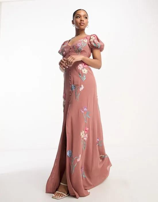puff sleeve embroidered maxi dress in caramel and pink
