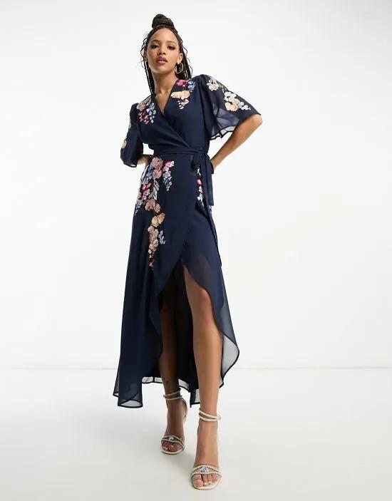 puff sleeve embroidered midi dress in navy