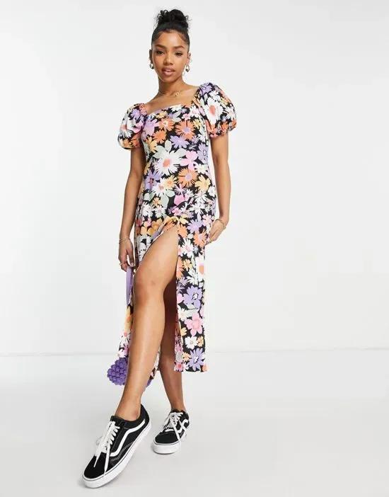 puff sleeve midi dress in oversized floral