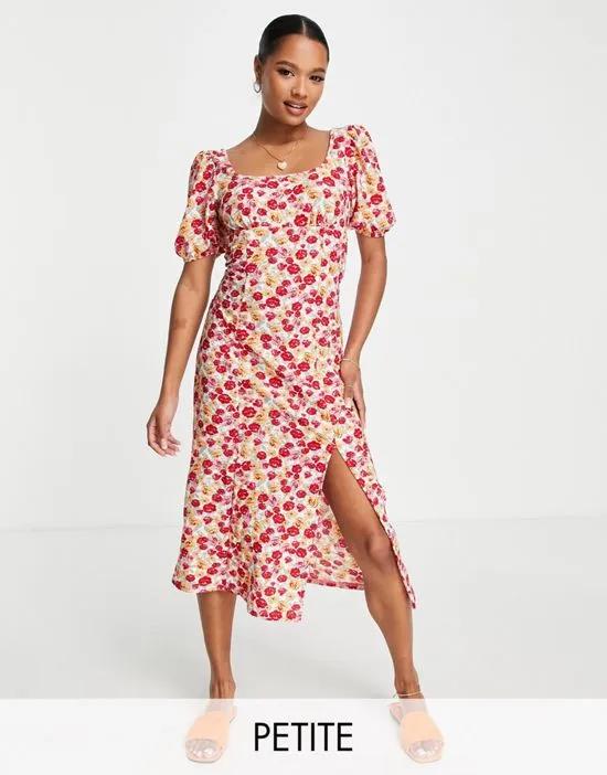 puff sleeve midi dress in pink floral