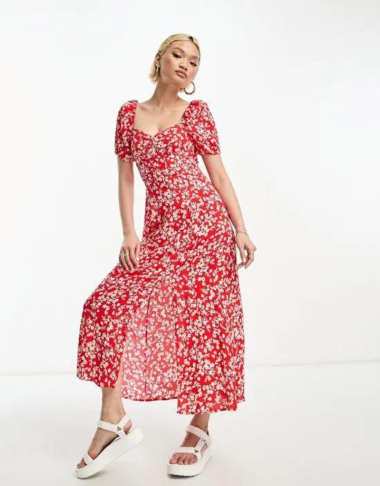 puff sleeve midi dress in red floral
