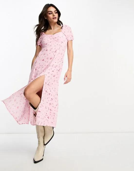 puff sleeve midi dress in with split in pink floral