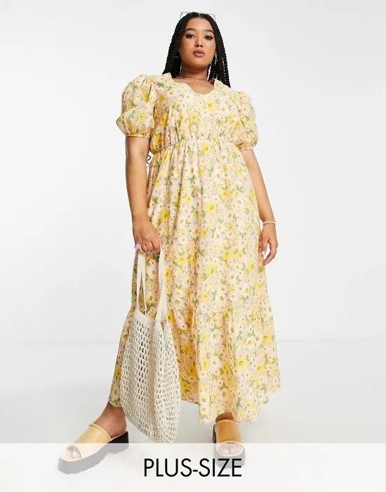 puff sleeve midi dress in yellow floral