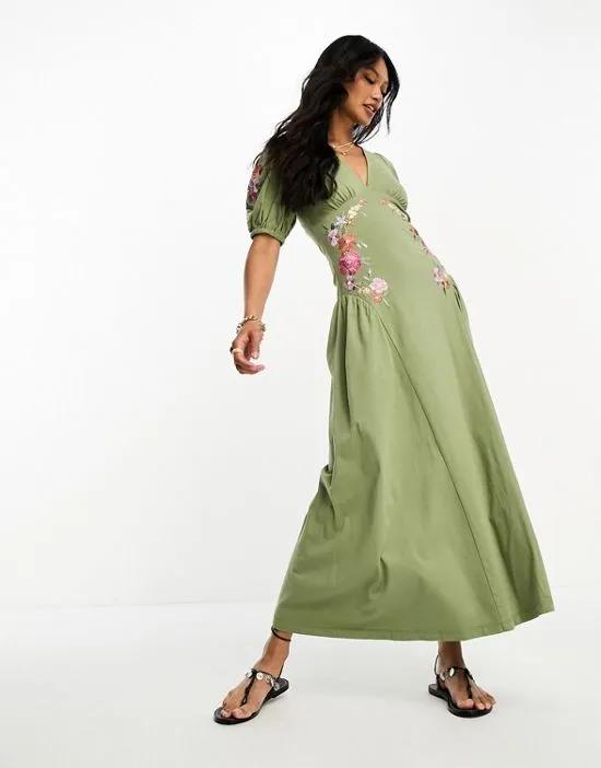 puff sleeve midi tea dress with embroidery in sage