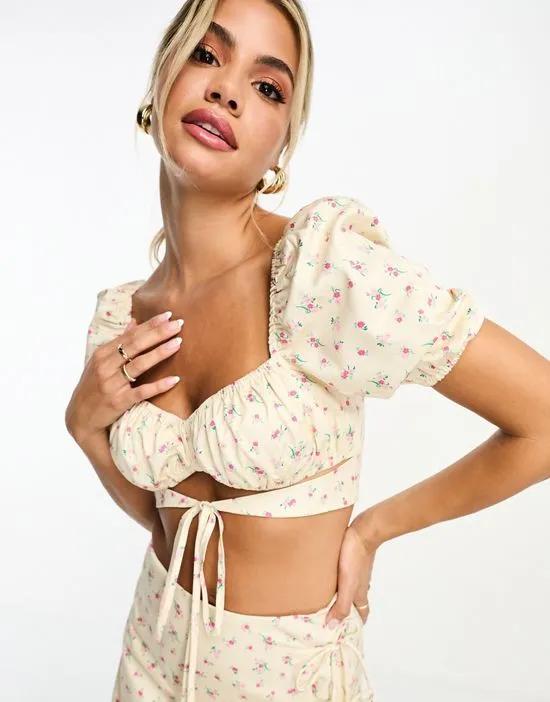 puff sleeve milkmaid crop top with strap detail in vintage floral - part of a set