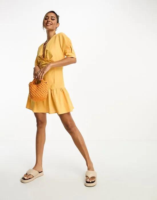 puff sleeve mini dress in light orange