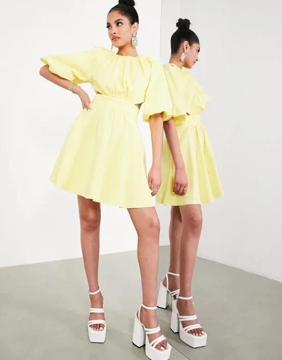 puff sleeve mini dress with cut out back in lemon