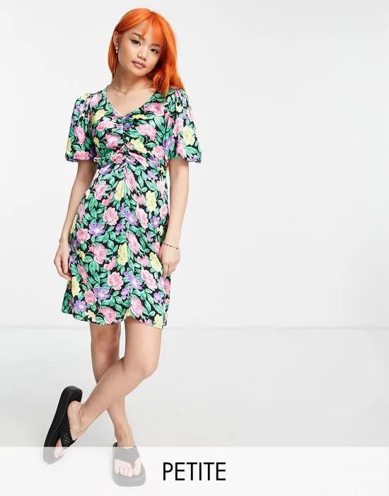 puff sleeve ruched front mini dress in black floral