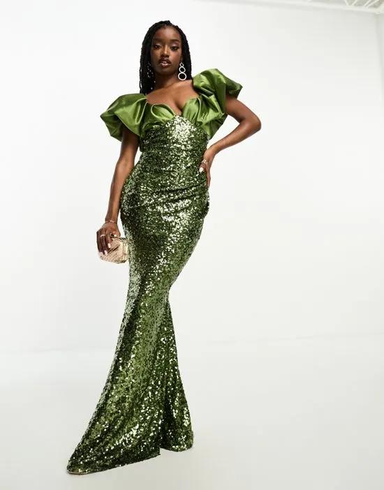 puff sleeve satin sequin maxi dress in olive