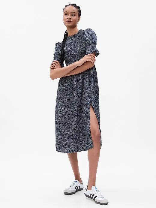 Puff Sleeve Smocked Midi Dress